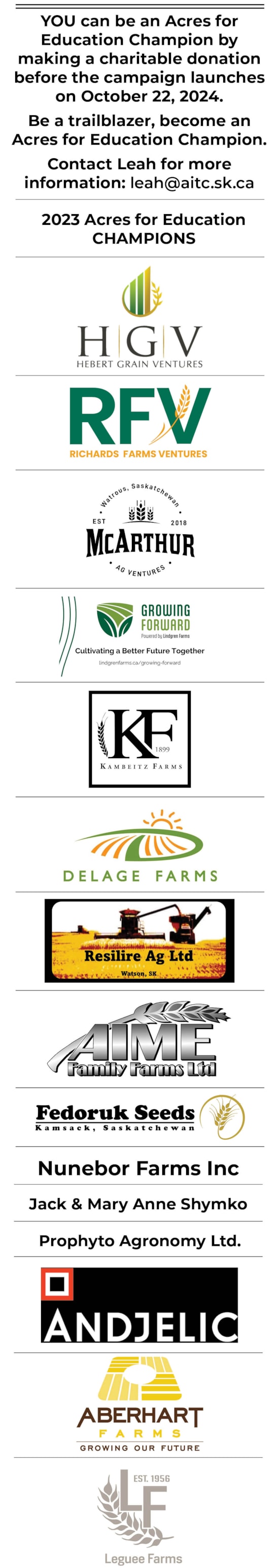 Logos and names of farms that are supporting the Acres for Education campaign.